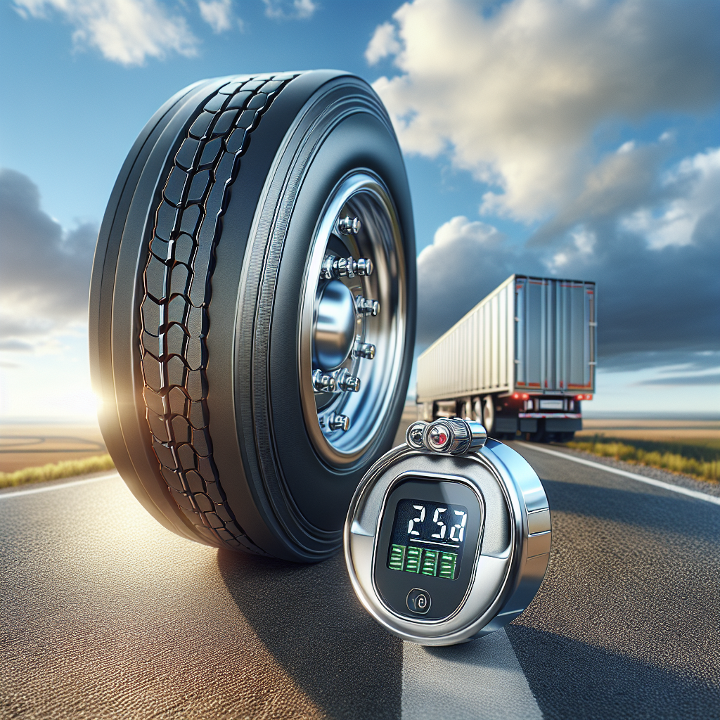 A close-up of a TPMS sensor on a trailer tire, with a scenic outdoor background.