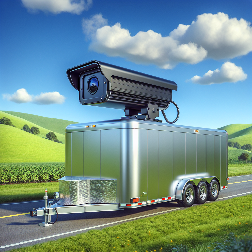 A mobile trailer camera mounted on a silver trailer in a scenic landscape.