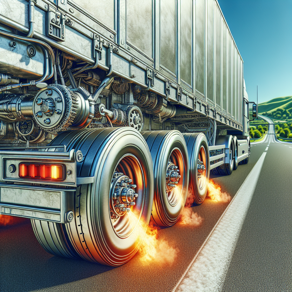 A realistic trailer on a highway, focusing on the axle and wheel assembly, with heat waves rising off the axle.