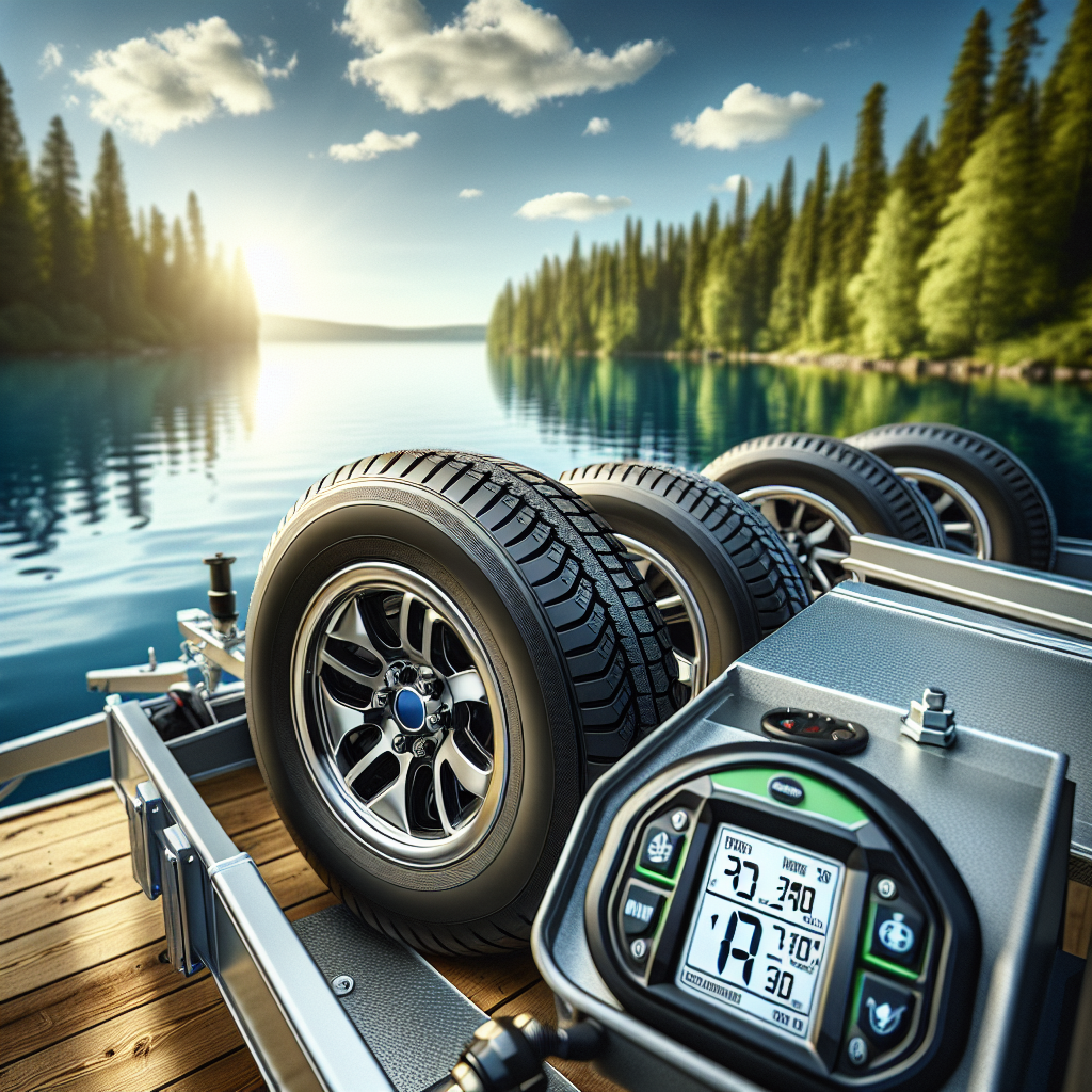 A boat trailer with a Tire Pressure Monitoring System parked by a lakeside.
