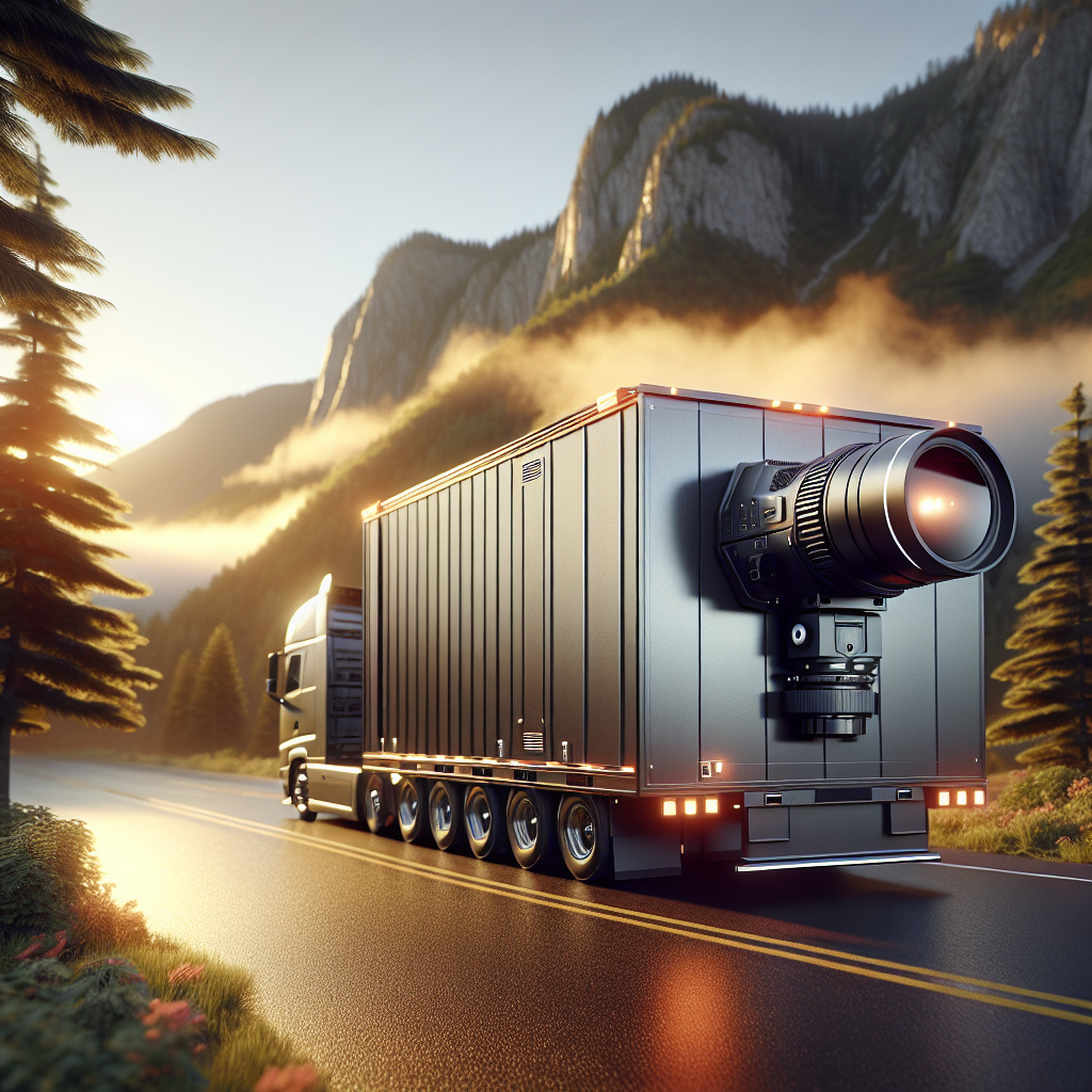 A mobile trailer camera on a large trailer with a scenic background.