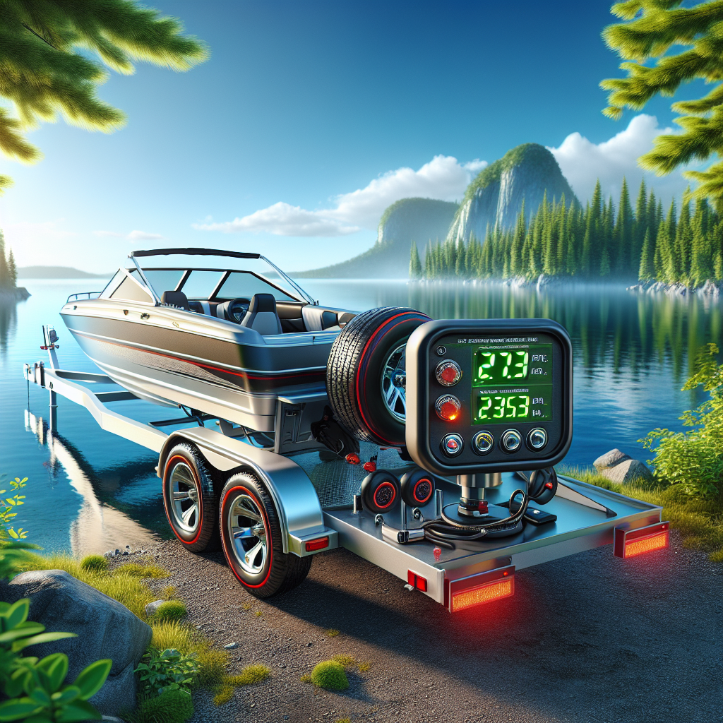 A boat trailer with a Tire Pressure Monitoring System parked beside a lake.