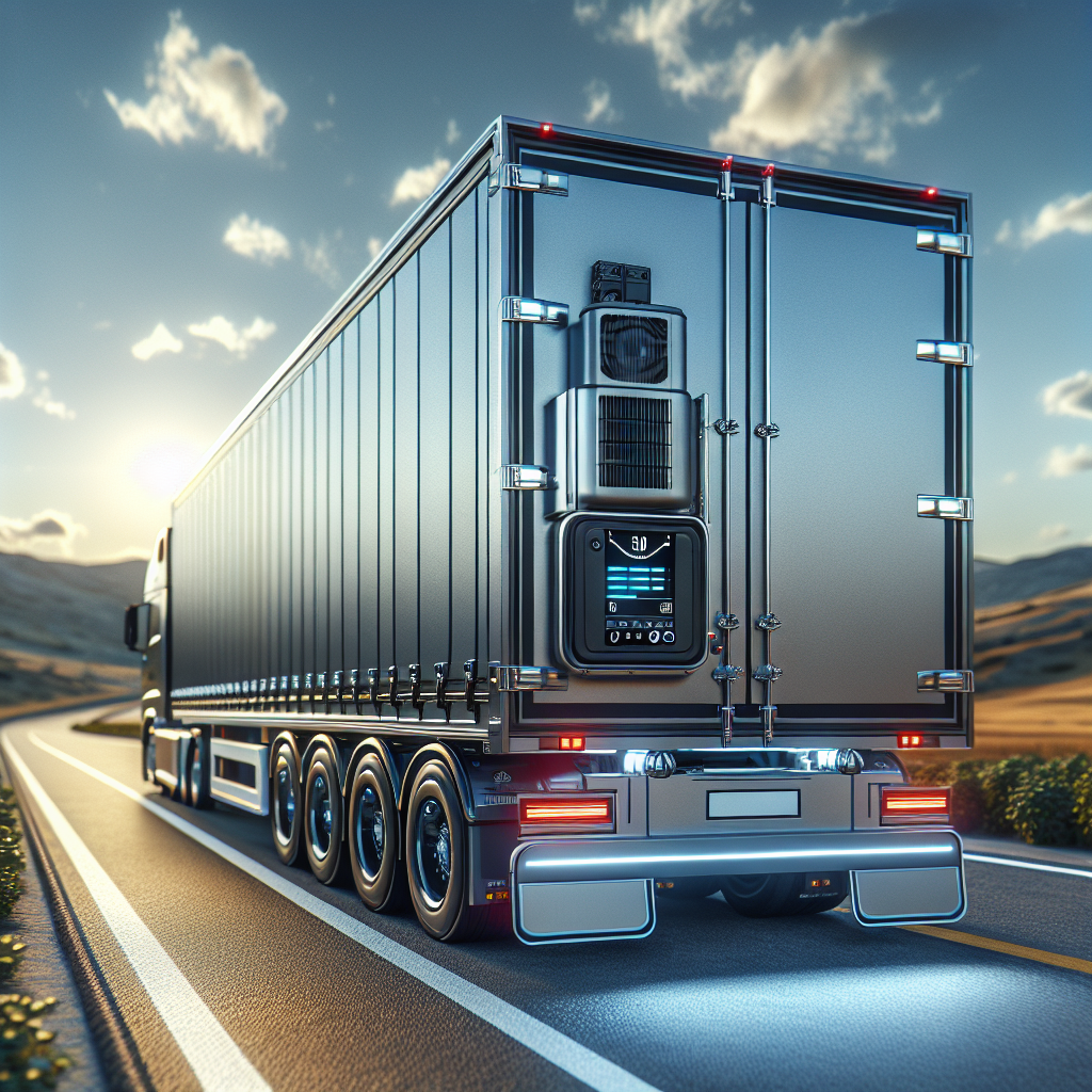A realistic image of a trailer with temperature monitoring equipment on a road.