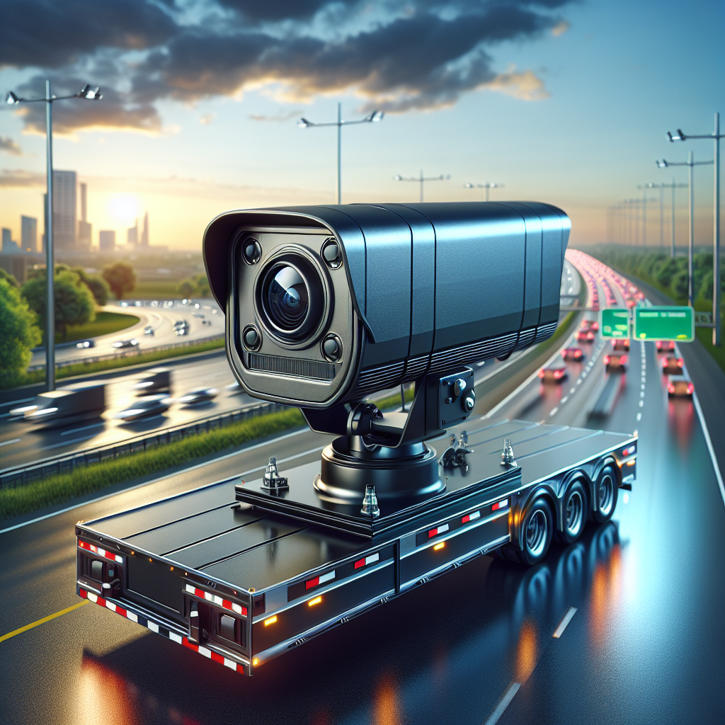 A mobile trailer camera mounted on a trailer on a highway.