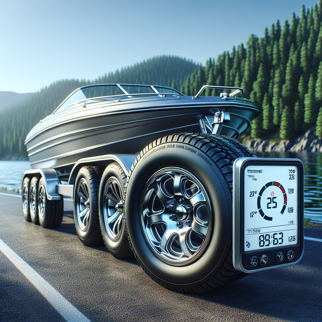 A boat trailer with a Tire Pressure Monitoring System by a lakeside.