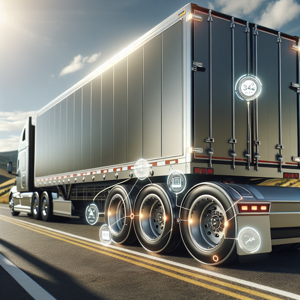 A trailer with advanced TPMS sensors on a sunny road.