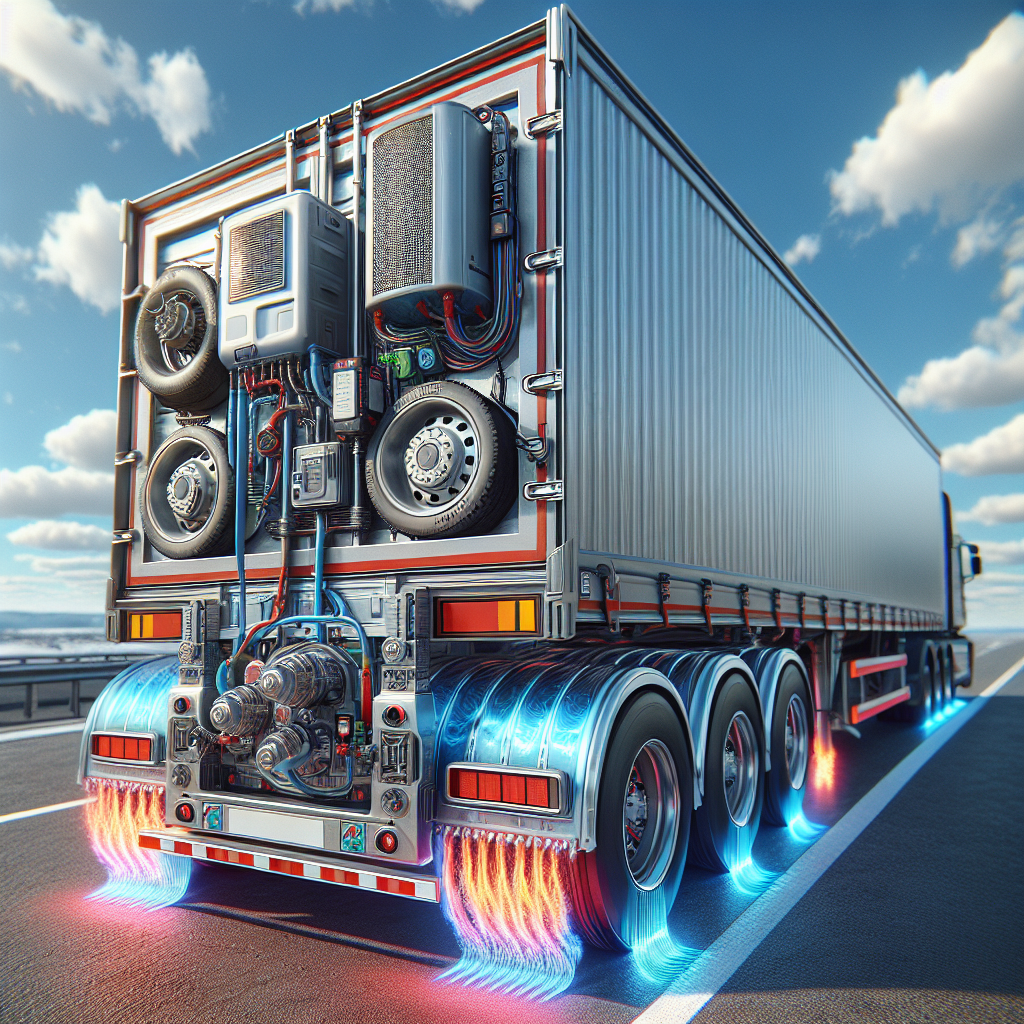 A truck trailer parked on a highway with close-up details of its axle and brake system, showcasing temperature monitoring sensors.