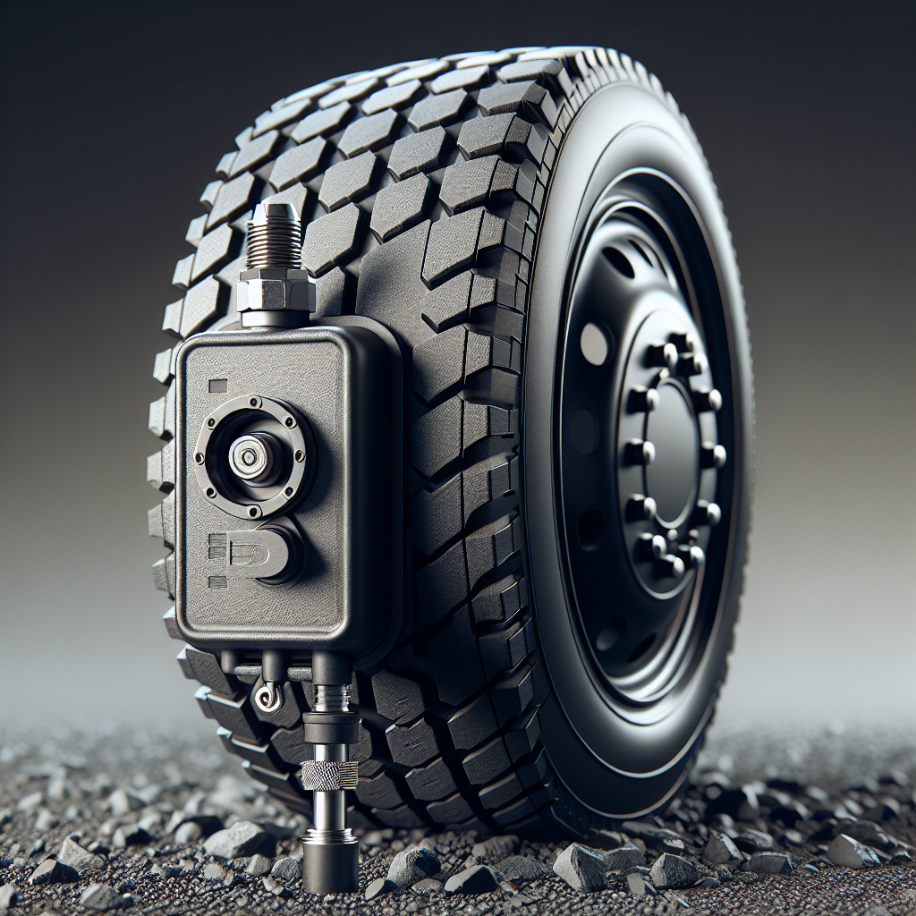 A detailed depiction of a Tire Pressure Monitoring System sensor next to a trailer tire on a gravel road.