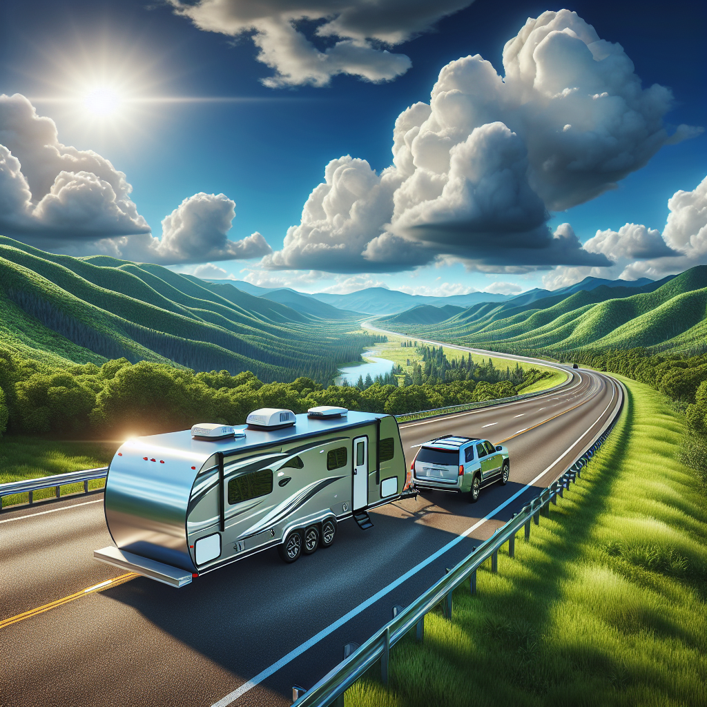 A scenic highway with a silver trailer being towed by an SUV surrounded by greenery and mountains.