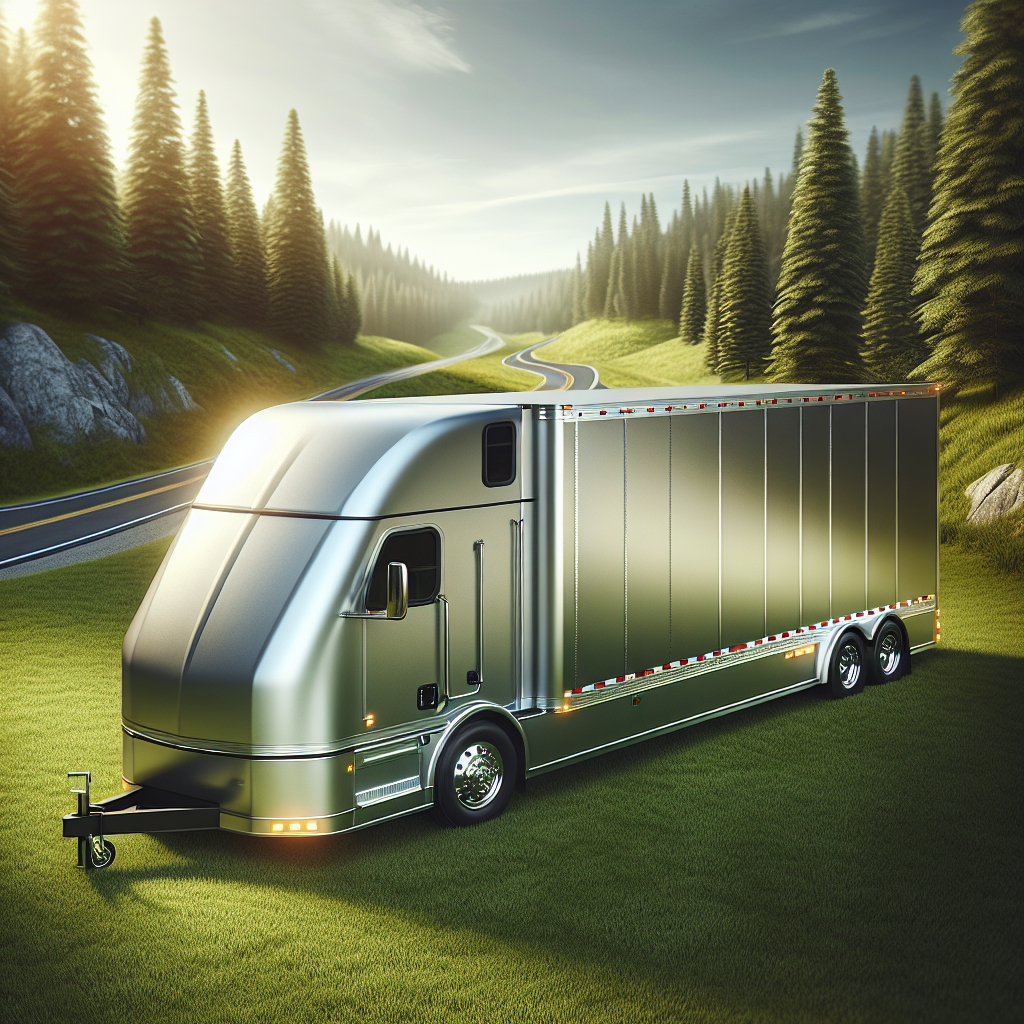 A well-maintained trailer parked in a grassy area near a road leading into a forest.