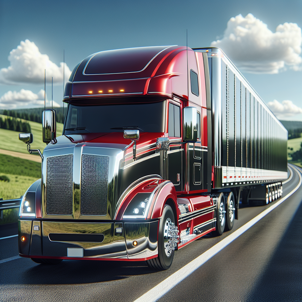 A red and white trailer hitched to a black truck on a scenic highway with rolling hills and a clear sky.