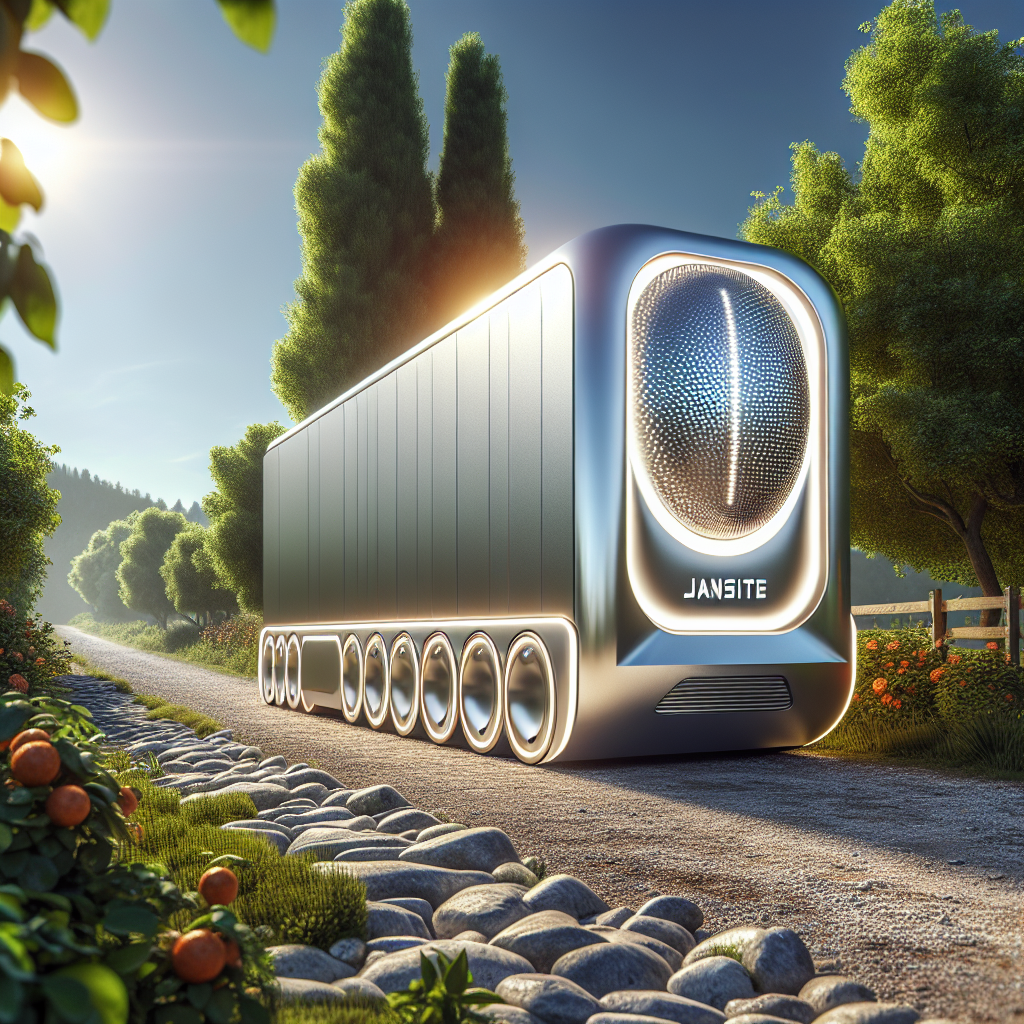 A modern Jansite TPMS Trailer with advanced sensors on a gravel road surrounded by greenery.