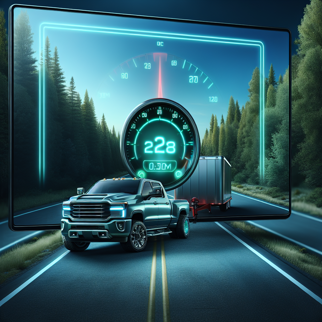 A TPMS display with tire pressure readings against a backdrop of a towing vehicle on a scenic road.