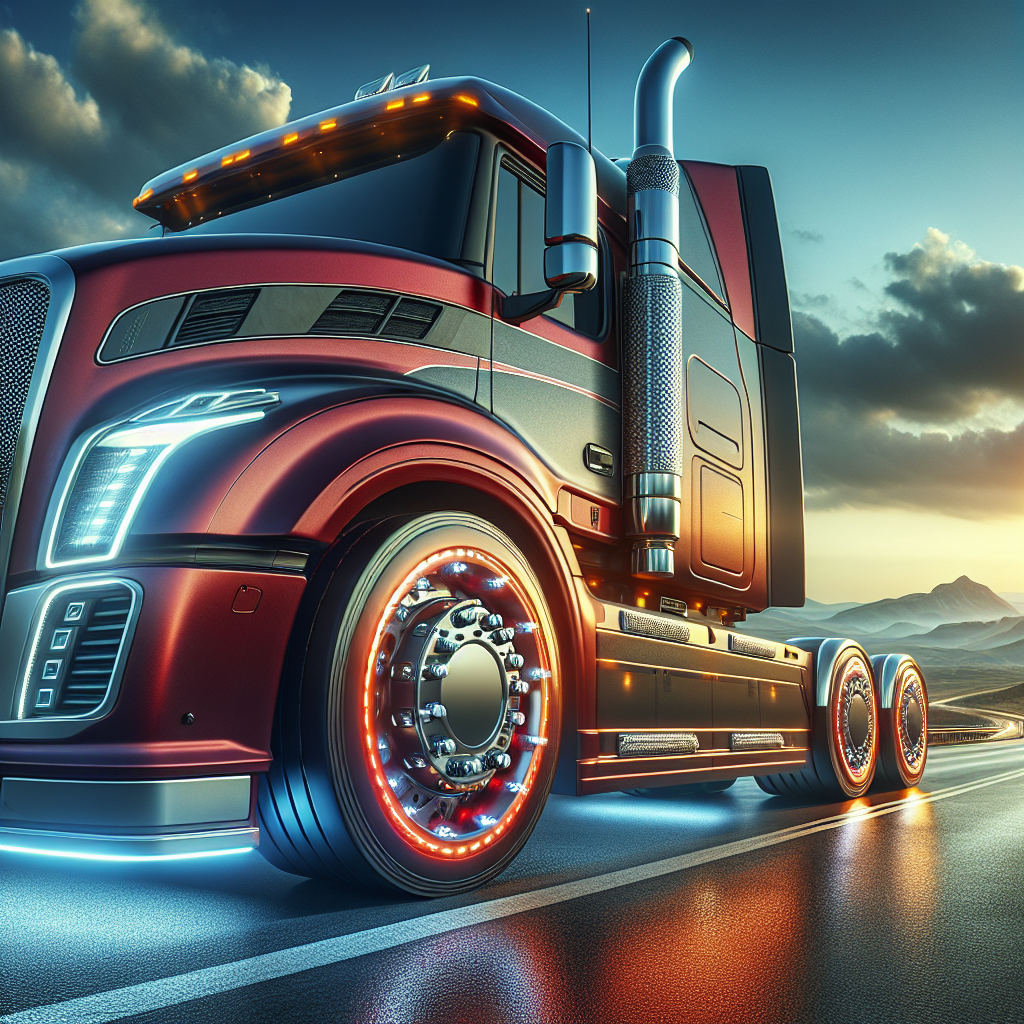 A heavy truck on a highway with visible tire pressure monitoring systems (TPMS) sensors on the tires, surrounded by a scenic landscape.