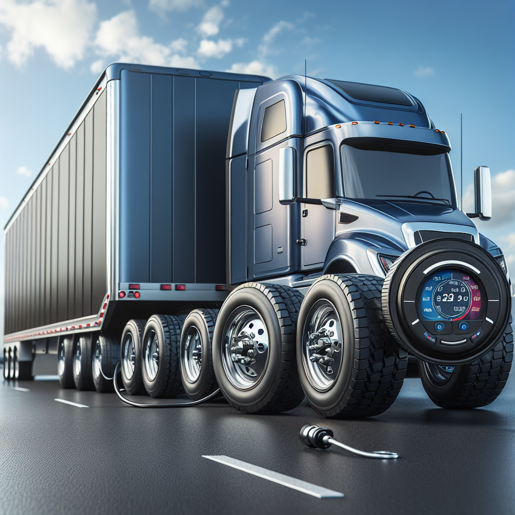An illustration of a truck with a trailer depicting a tire pressure monitoring system.