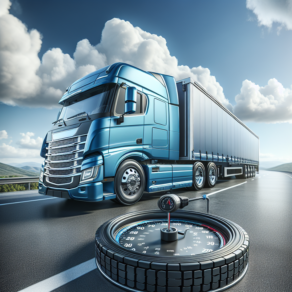 A heavy truck on a highway with a visible Tire Pressure Monitoring System display.