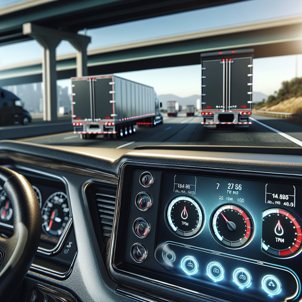 A TPMS display on a towing vehicle dashboard with scenic highway background.