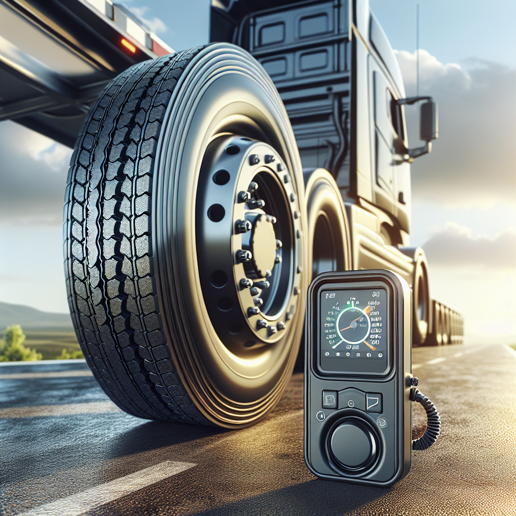 A trailer tire with a TPMS device displaying tire pressure metrics against a sunny highway.