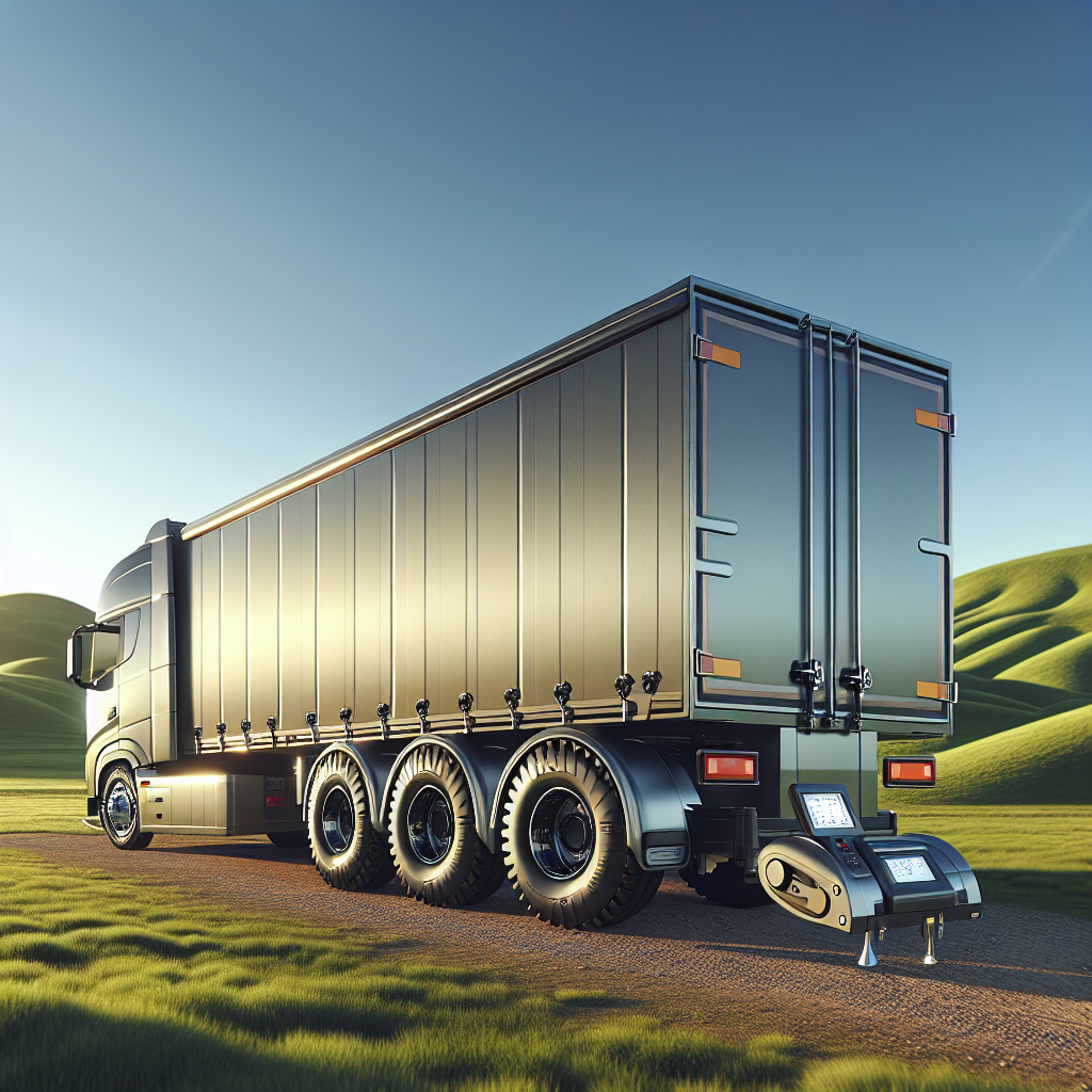 A trailer with a visible Tire Pressure Monitoring System outdoors against a scenic background.