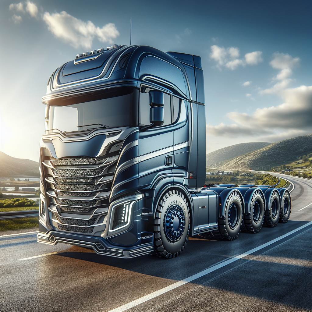A heavy truck on a highway with advanced tire pressure monitoring system features.