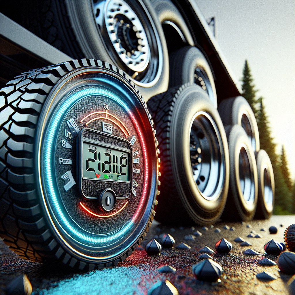Close-up of a Tire Pressure Monitoring System gauge with black trailer tires in the background.