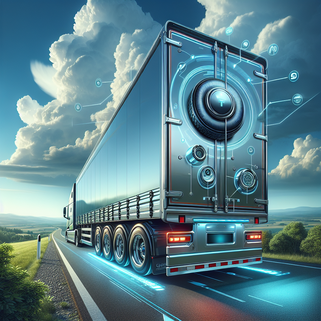 A trailer with tire pressure monitoring sensors against a serene landscape.