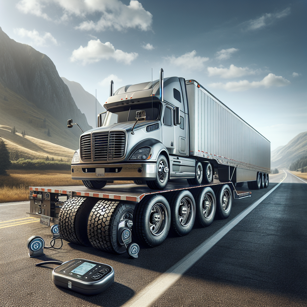 A trailer on a highway showcasing a tire pressure monitoring system for towing safety.