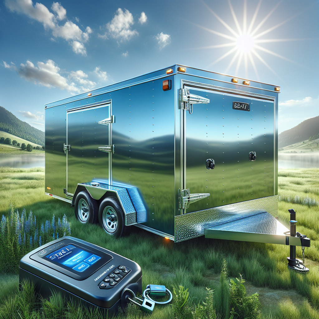 A trailer equipped with an anti-theft system parked in a rural landscape.