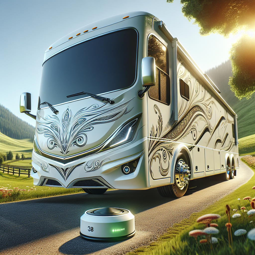 A recreational vehicle in a scenic outdoor setting, highlighting its design and tire monitoring sensors.