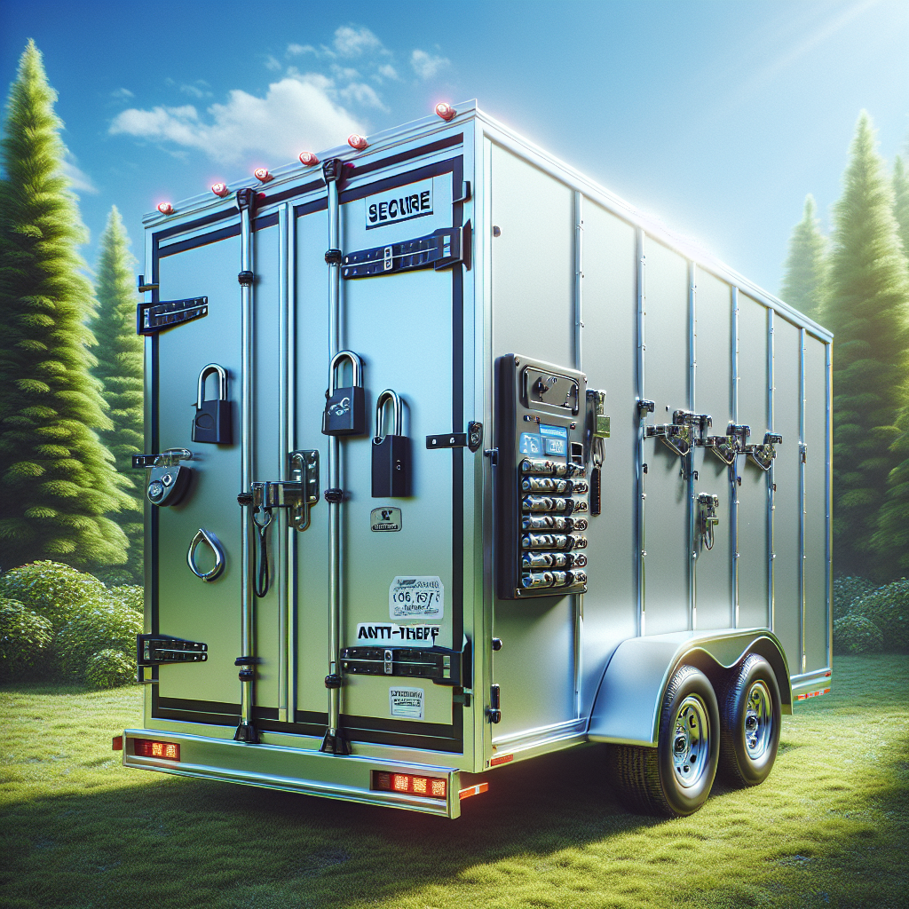 A secure trailer with an anti-theft system visible in a tranquil outdoor setting.