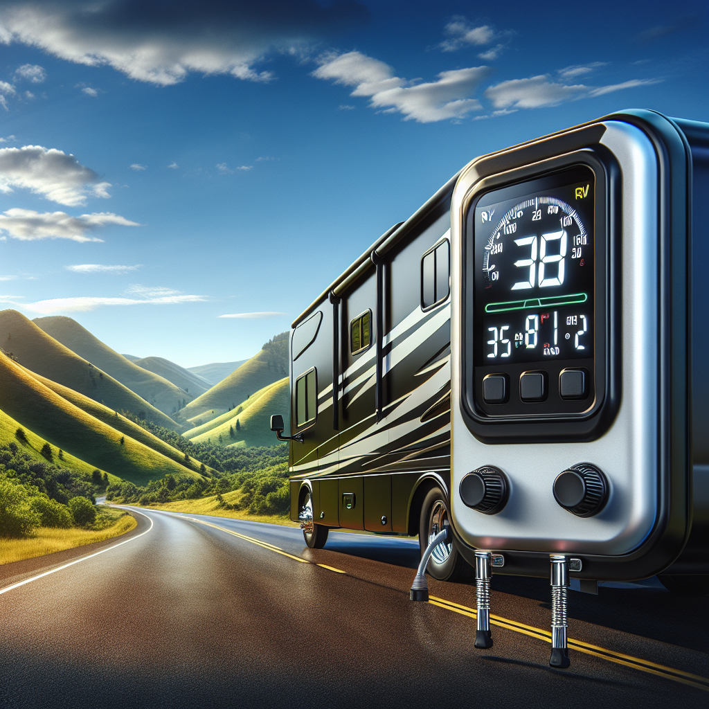 An RV tire monitor system being showcased on a recreational vehicle in a scenic landscape.