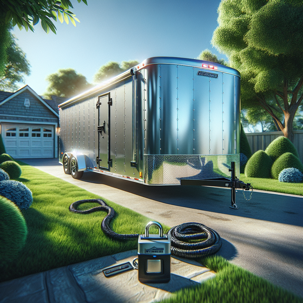 A trailer secured with a high-tech anti-theft system in a suburban setting.