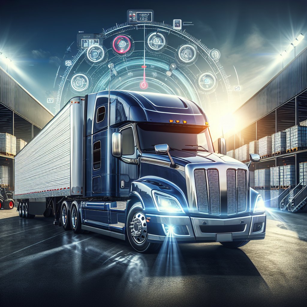 A truck and trailer with Tire Pressure Monitoring System (TPMS) in a logistics setting.