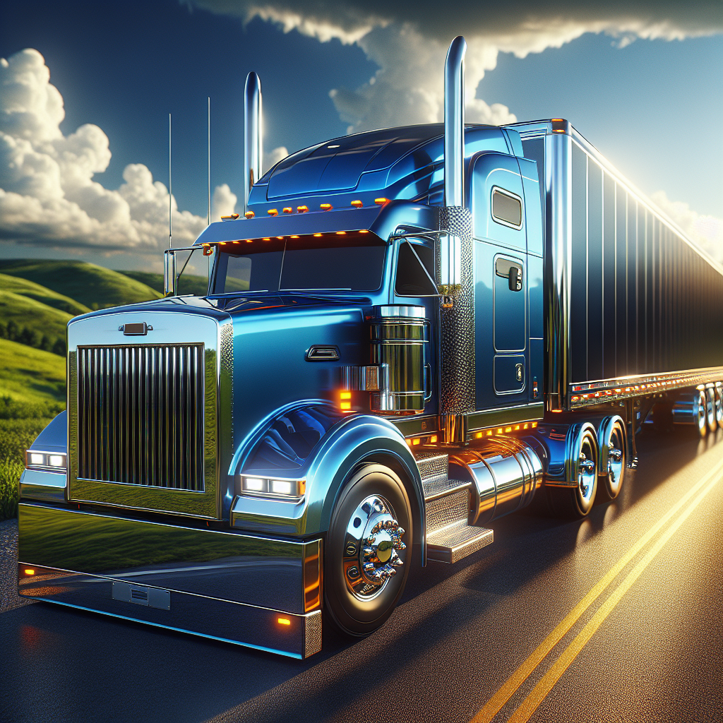 A large blue truck towing a shiny trailer on rolling green hills under a clear blue sky.