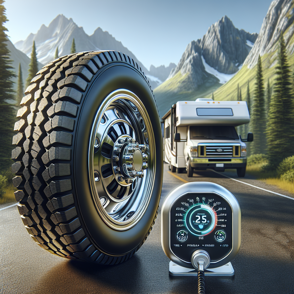An RV tire monitor system with a tire and digital monitor in a scenic outdoor setting.