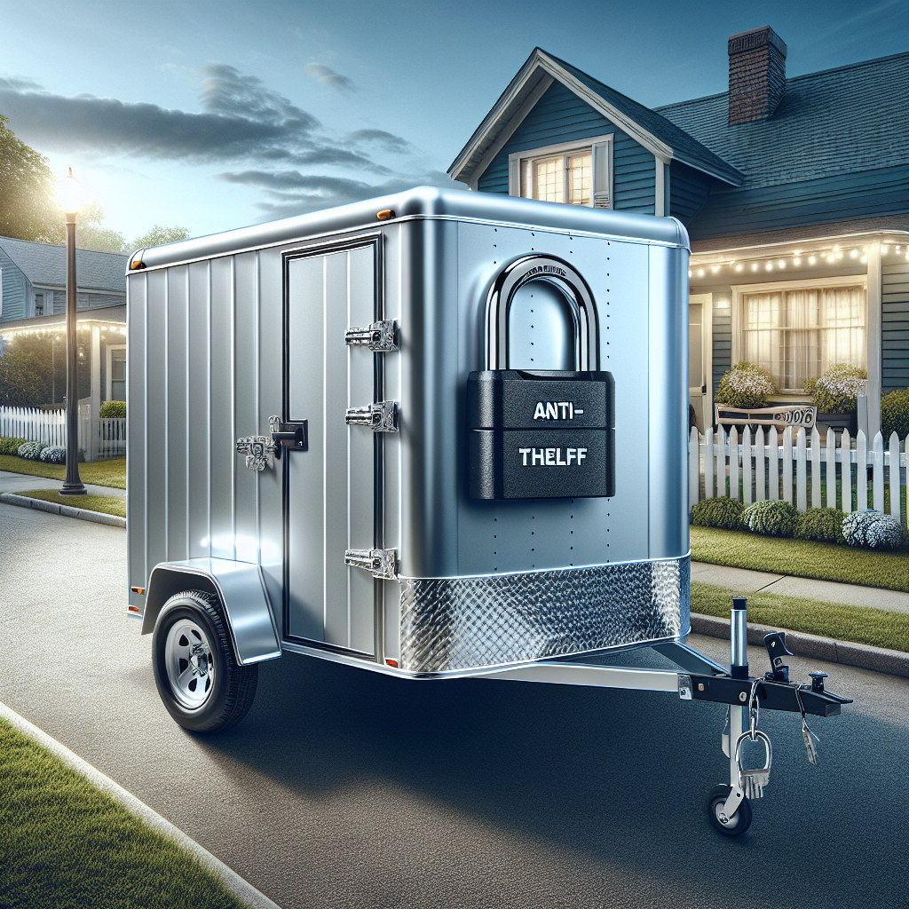 A secured trailer with a visible anti-theft lock in a suburban neighborhood.