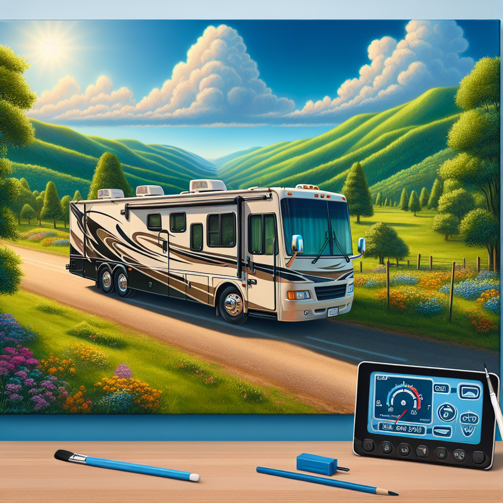 A recreational vehicle parked on a scenic highway with digital tire monitor displayed, surrounded by hills and wildflowers.