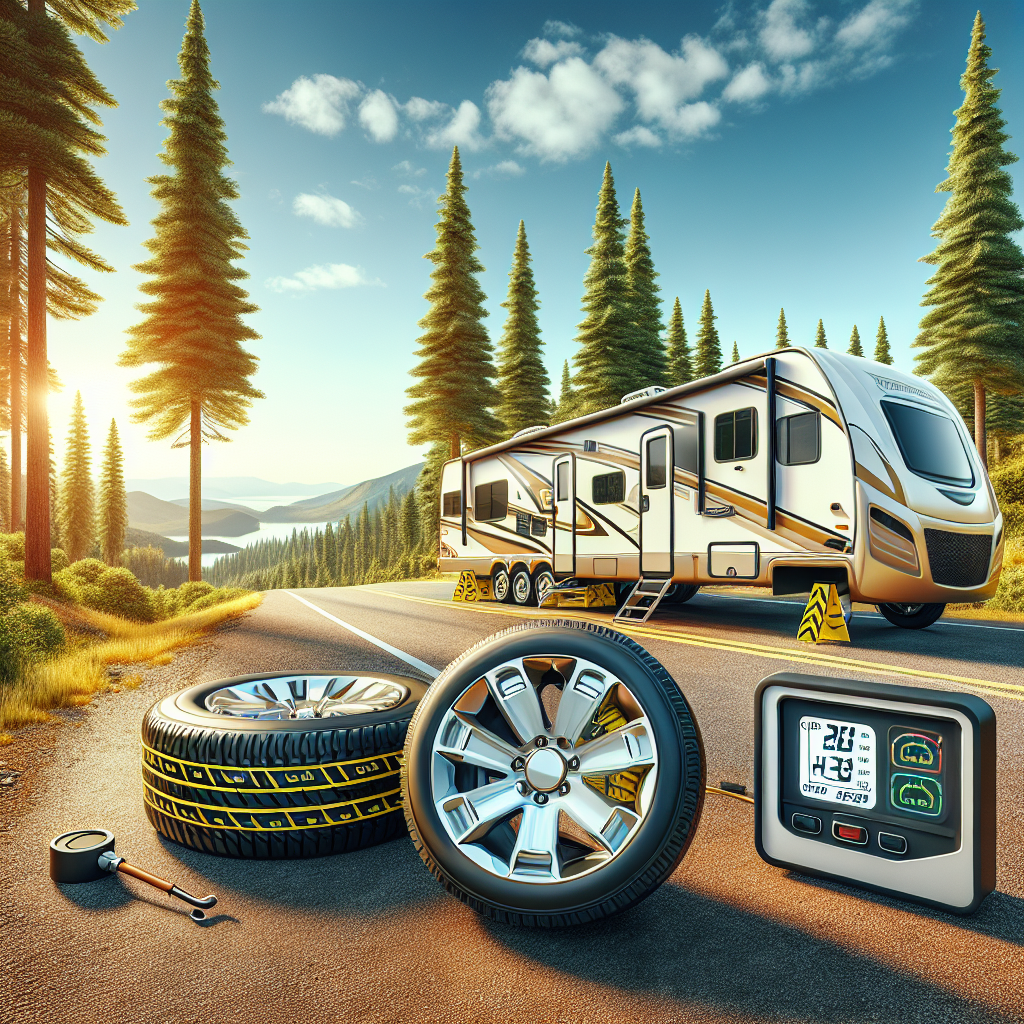 A camper vehicle parked on a roadside with visible tire pressure monitoring technology and well-inflated tires.