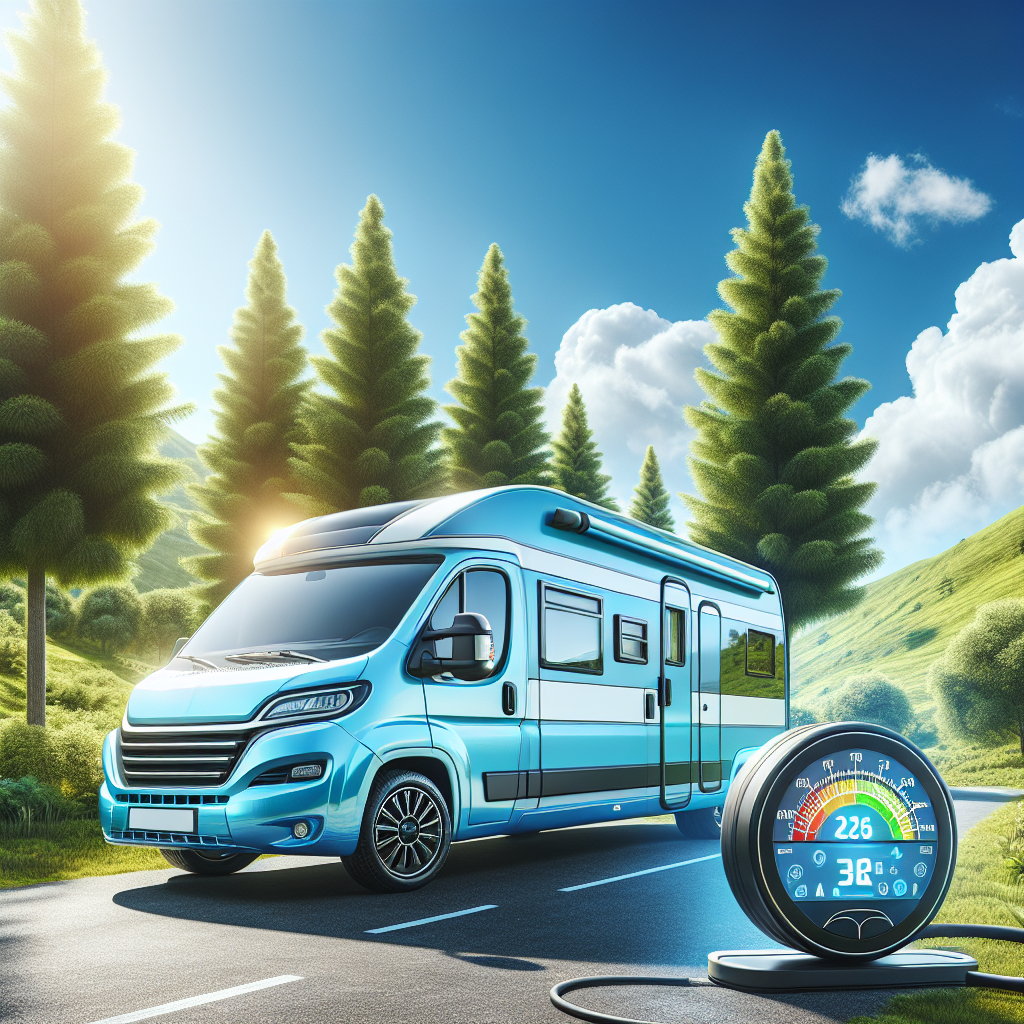 A camper van parked on a scenic landscape with trees and blue sky.