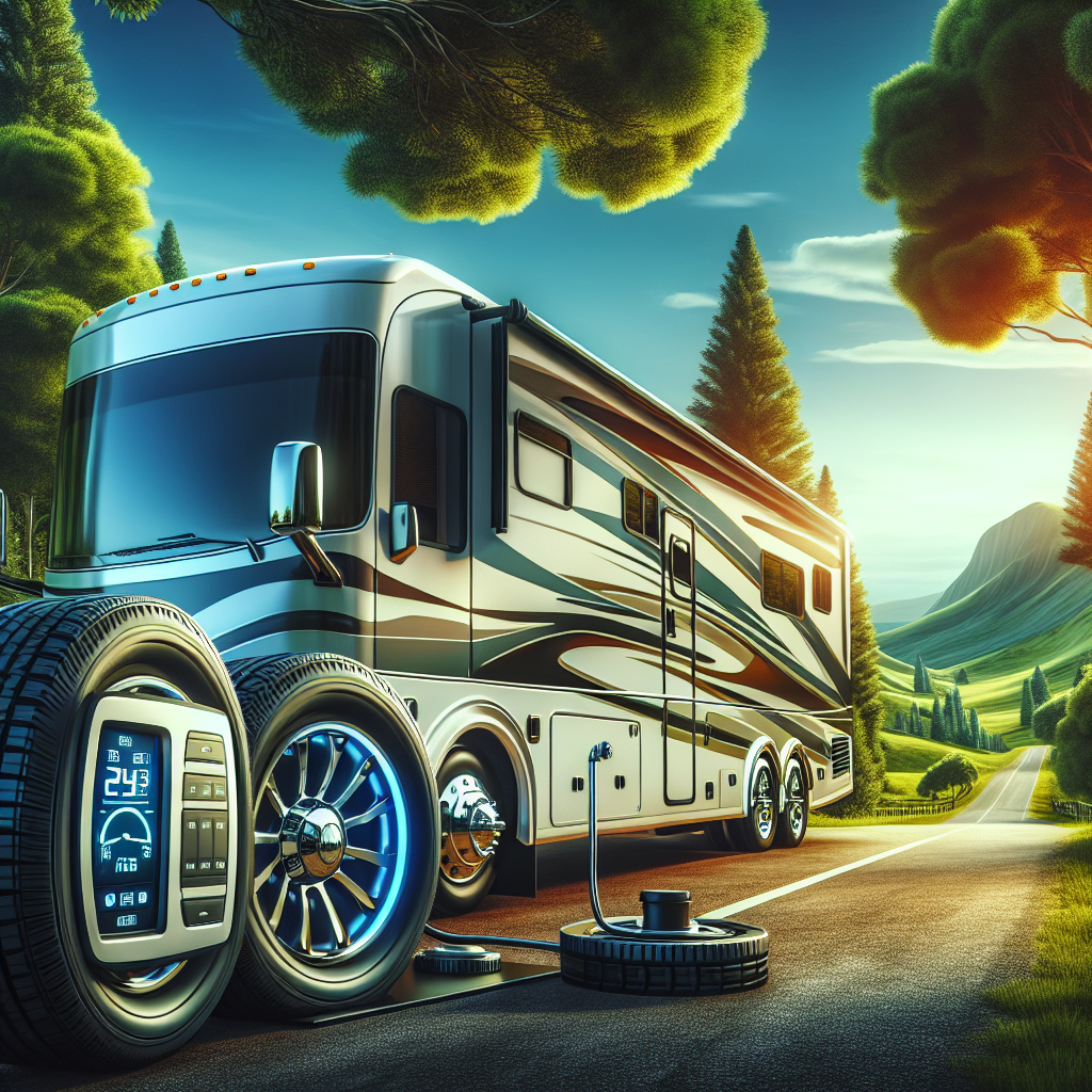 A recreational vehicle parked on a scenic roadside surrounded by trees, focusing on its tires and a TPMS display.