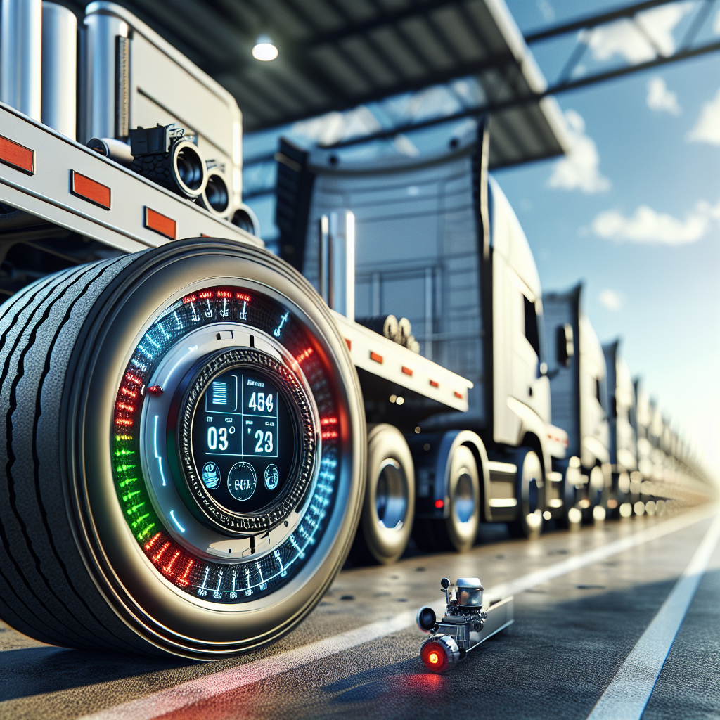 A close-up view of a tire pressure monitoring sensor on a truck tire in a trailer setting.