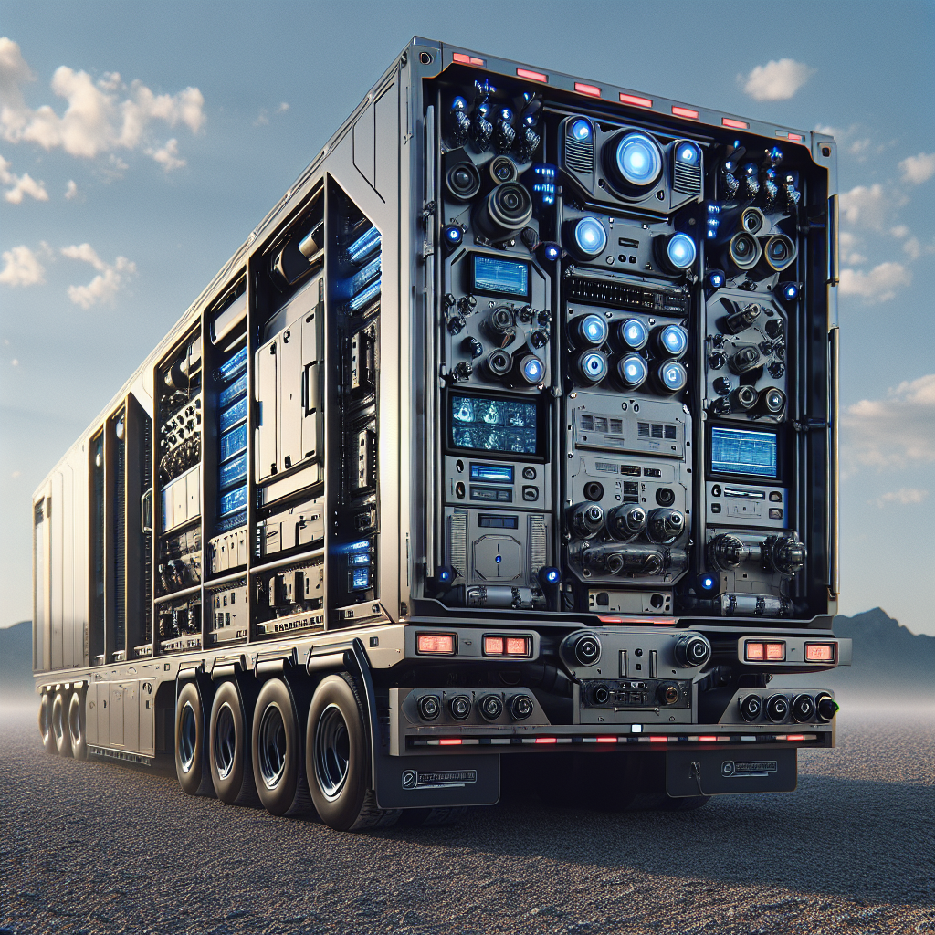 A smart trailer with advanced monitoring systems parked in a scenic outdoor setting.