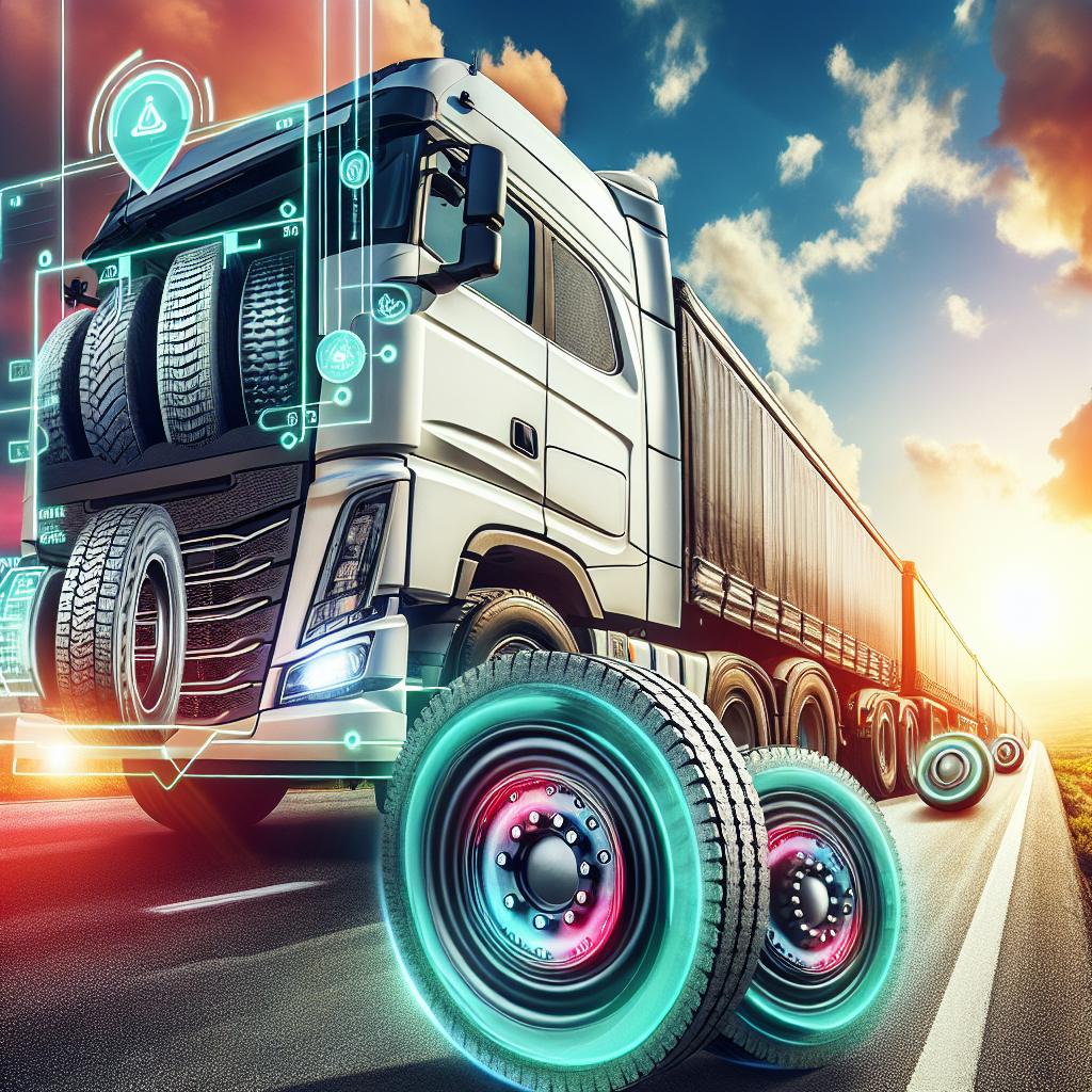 A modern fleet tire monitoring system on a highway with visible sensors and digital displays.