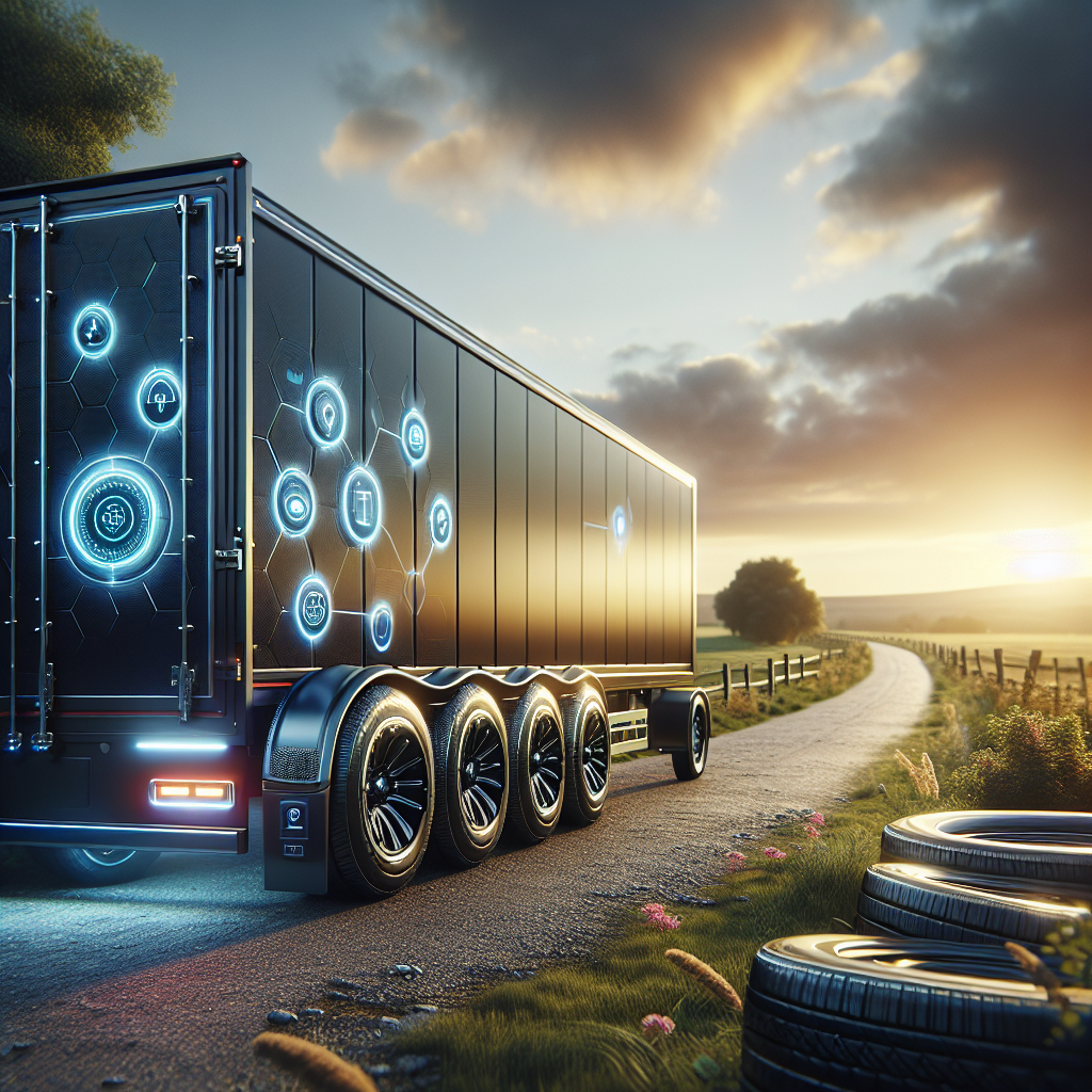 A high-tech smart trailer parked on a rural road, showcasing advanced monitoring features.