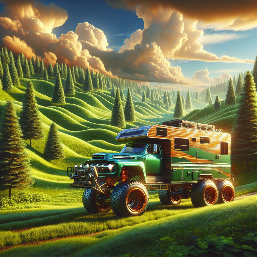 A camper vehicle on a scenic road surrounded by trees and hills.
