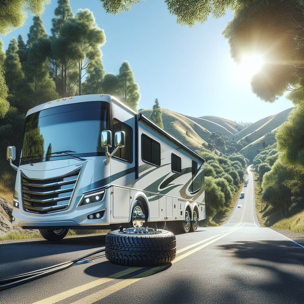 An RV parked on a scenic road, focusing on its tires with a tire pressure monitoring system.