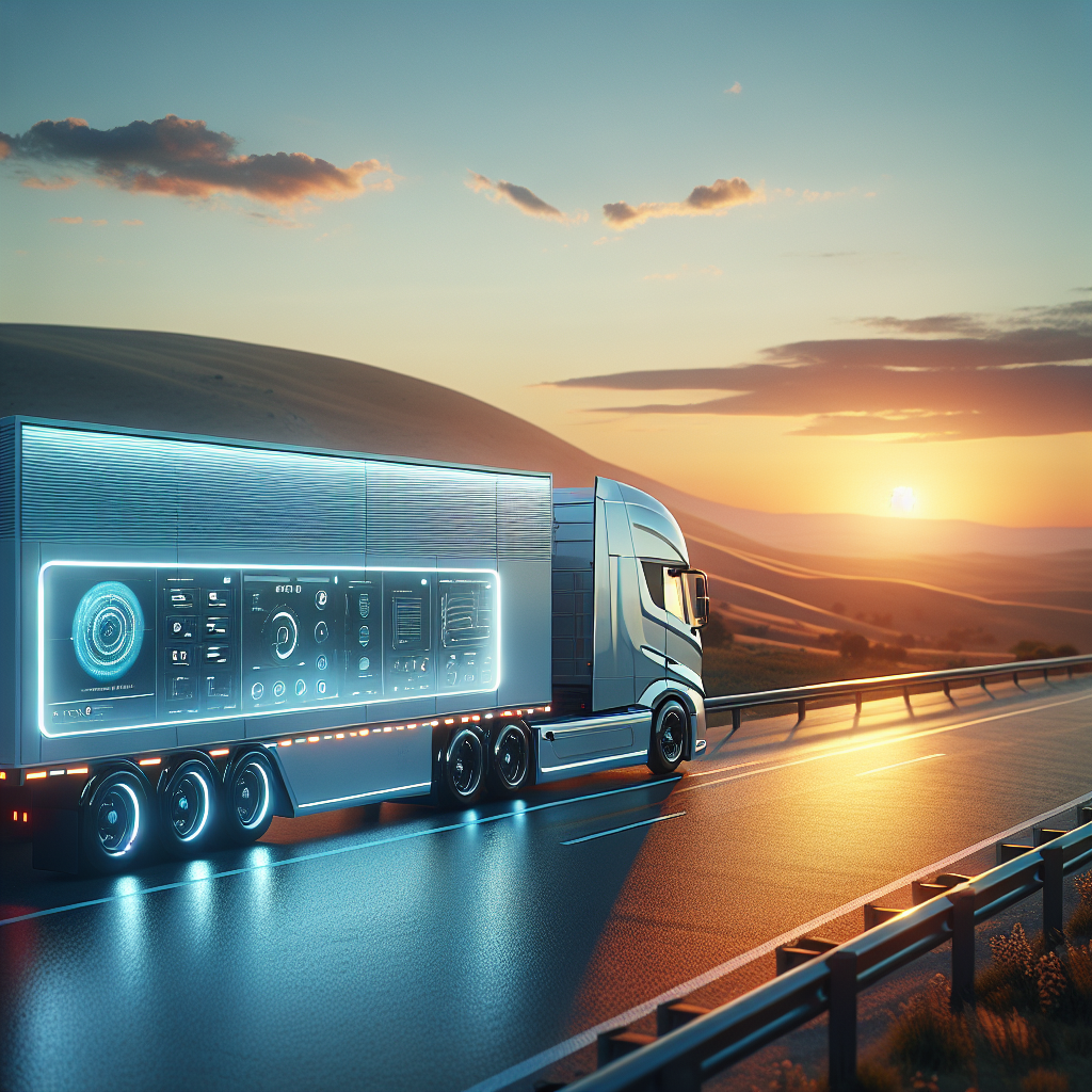 A smart trailer on a rural highway during sunset, showcasing advanced technology.