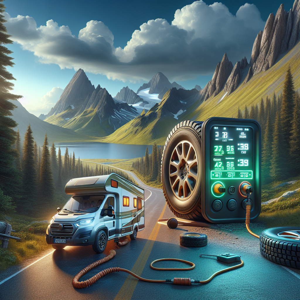 A camper vehicle parked on a mountain road, showcasing under-inflated tires, with a digital TPMS screen in the foreground.
