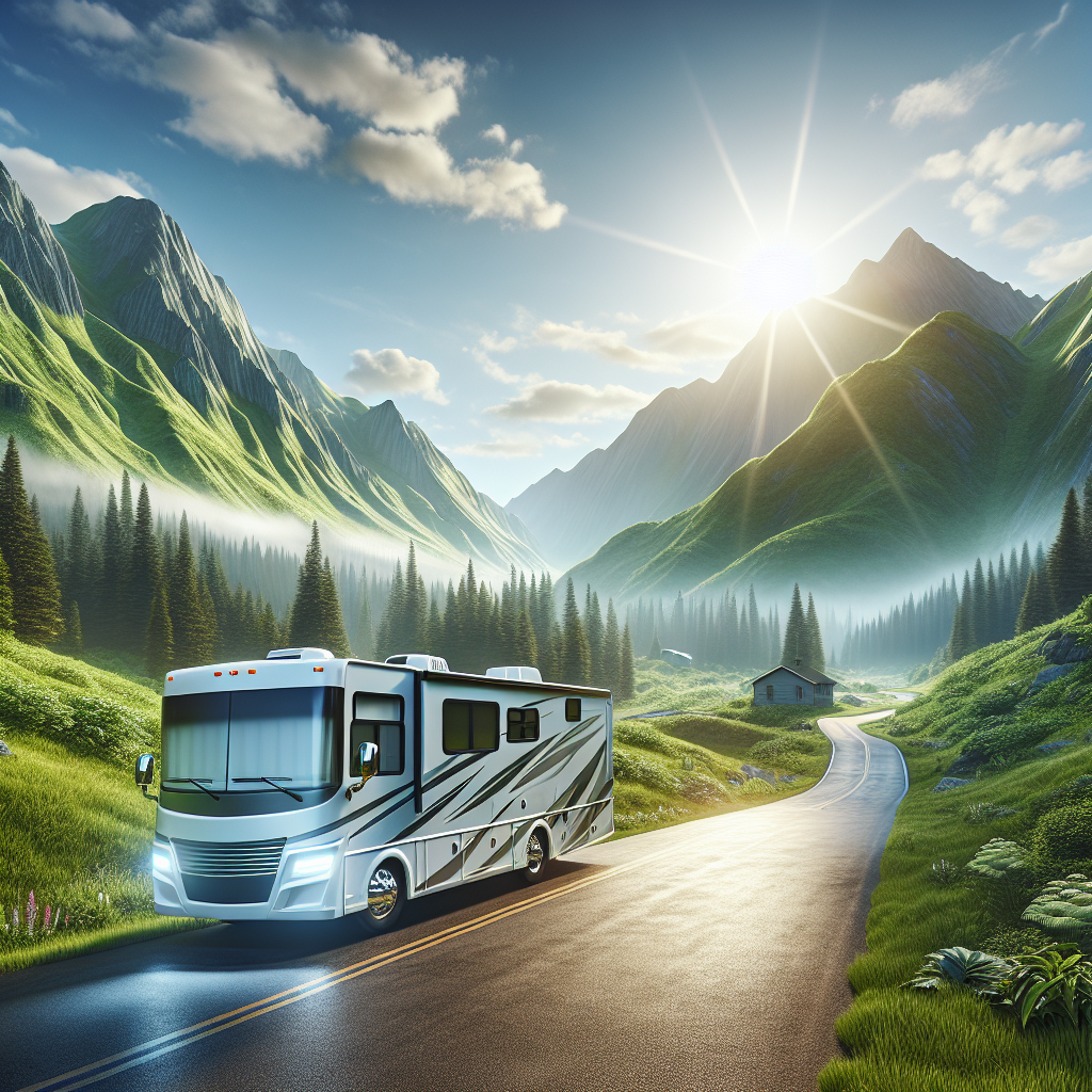 A recreational vehicle on a scenic road surrounded by greenery and mountains.