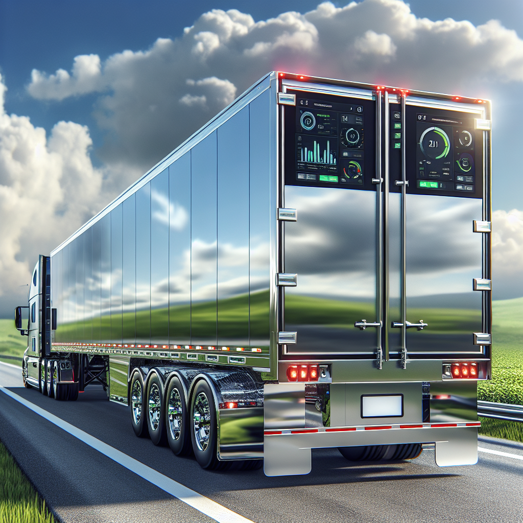 A modern trailer on a highway with safety monitoring systems visible.